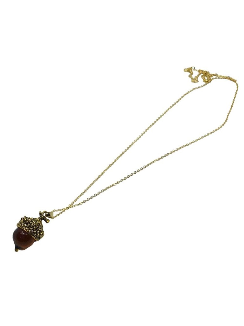 Acorn Pendant Necklace Gold Tone Chain Brown Glass Long Length Womens Jewelry - Picture 2 of 5